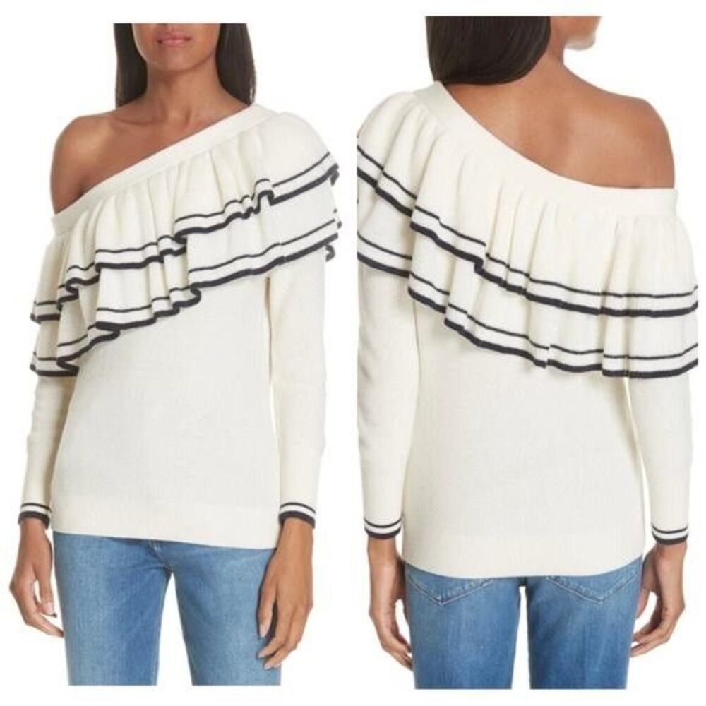 Frame | Ruffle One Shoulder Wool Blend Sweater Cream Navy Sz S